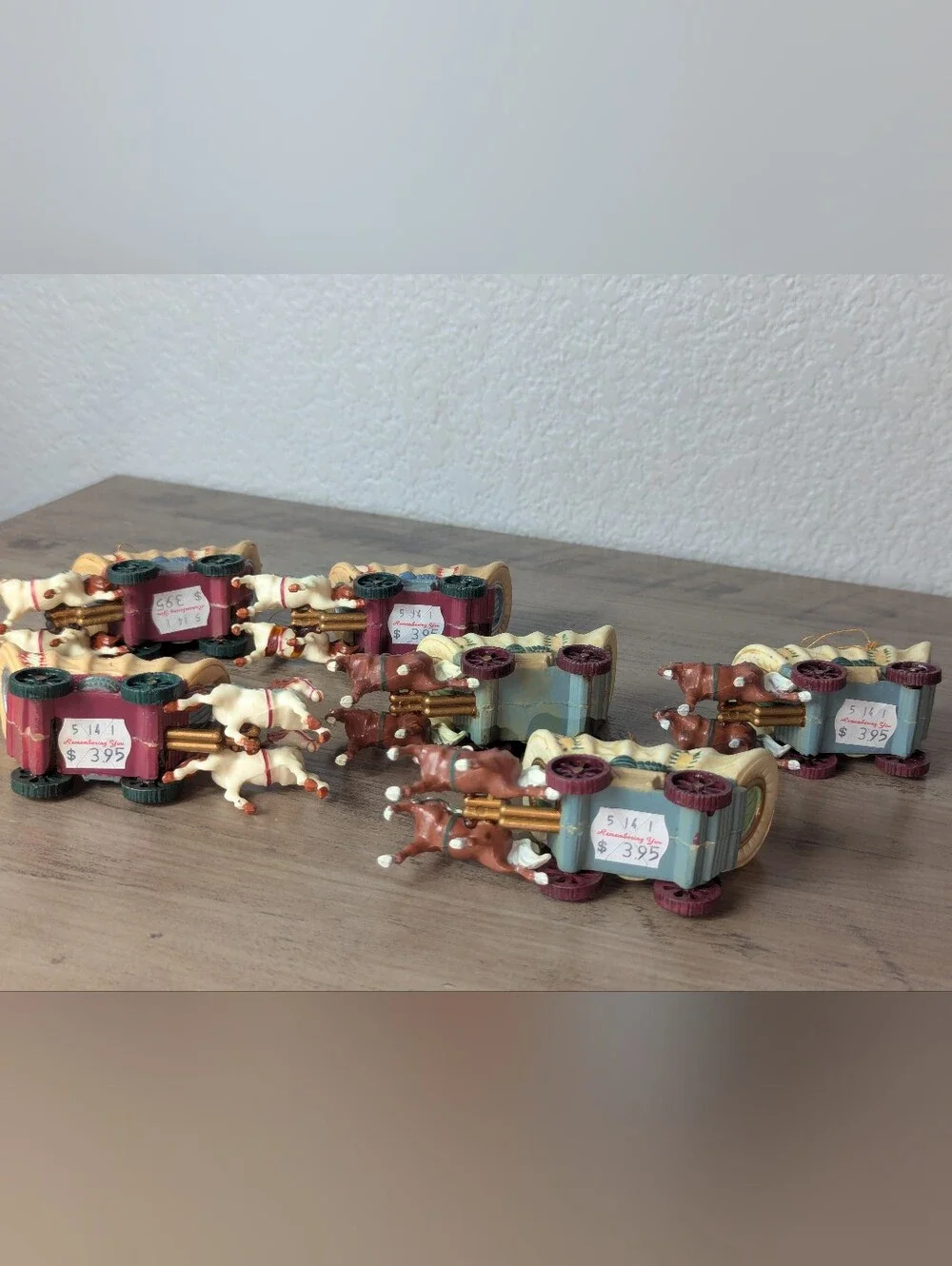 Western Covered Wagon Christmas Ornaments Hard Plastic Set of 6 Vintage